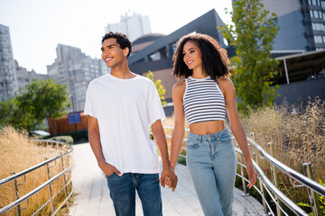 Photo of cheerful sweet married couple dressed casual outfits holding arms hands walking outdoors urban city park