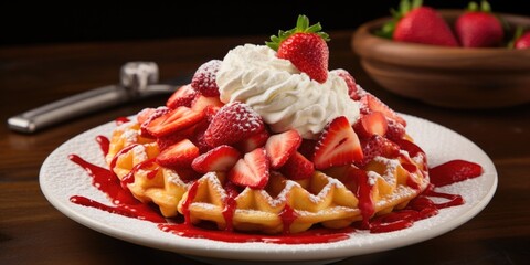 Feast your eyes on a funnel cake masterpiece adorned with a generous heap of vibrant, rubyred strawberries, nestled atop the crispy latticelike dough, giving every bite a delightful fruitiness. - obrazy, fototapety, plakaty