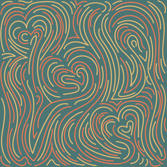 Obraz premium Abstract colorful hand-drawn doodle pattern with chaotic hearts, lines, fingerprints. Yellow, orange, green vector illustration for cards, business, banners, textile, Valentine Day. Editable stroke