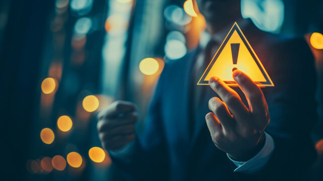 
A hand firmly holds a cautionary yellow triangle, symbolizing a warning and emphasizing the concept of risk.