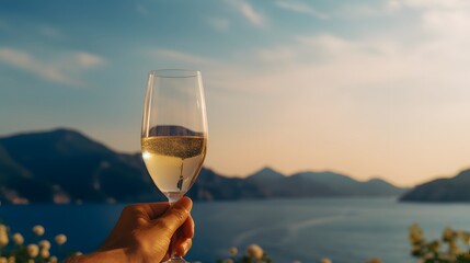 A man's hand holds a glass of champagne against the backdrop of the sea and mountains. Vacation concept - Powered by Adobe