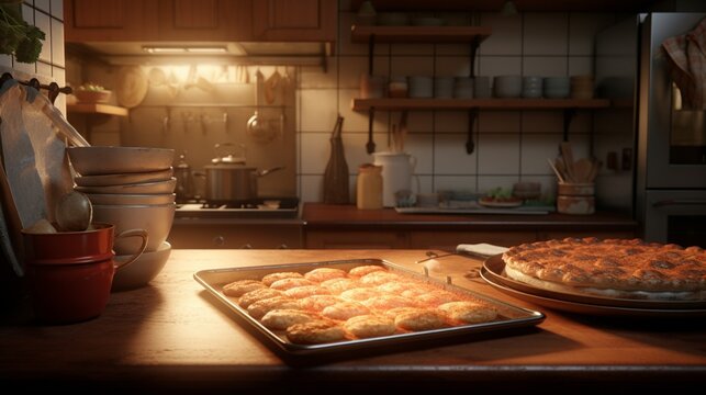 A rendered kitchen scene with a baking sheet full of golden-brown Apfelkuchen zum Erntedankfest just out of the oven.