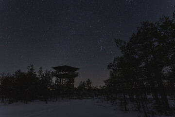 Night scene, Estonian nature in winter time, observation tower on the Viru swamp and starry sky.