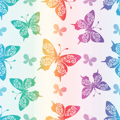 Vector white spring seamless pattern with flying lacy colorful gradient butterflies