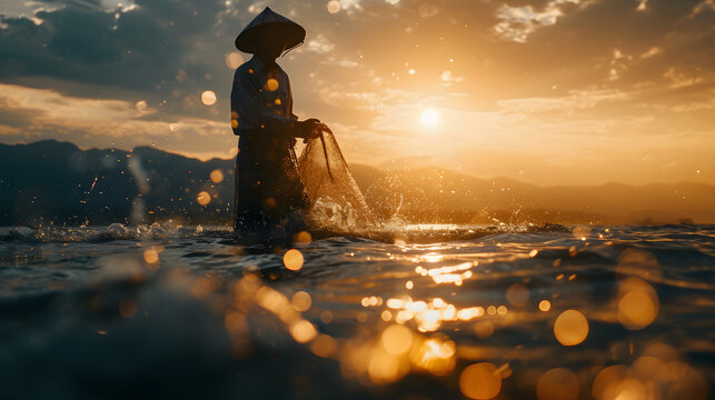 A fisherman standing in sea and pulling up a fishing net at sunrise