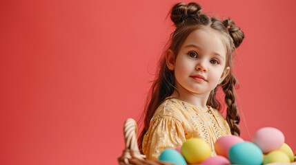 Fototapeta na wymiar Cute Little Girl with Easter Concept on a Flat Background