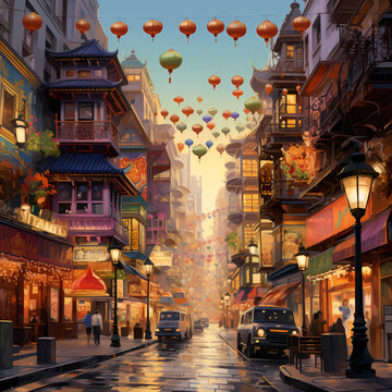A bustling Chinatown with colorful lanterns.