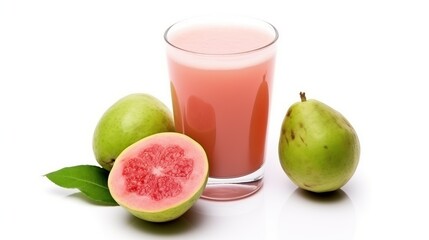 Fototapeta premium organic guava juice in glass cup on white background with fresh guava,Fresh guava juice and pink guava fruit