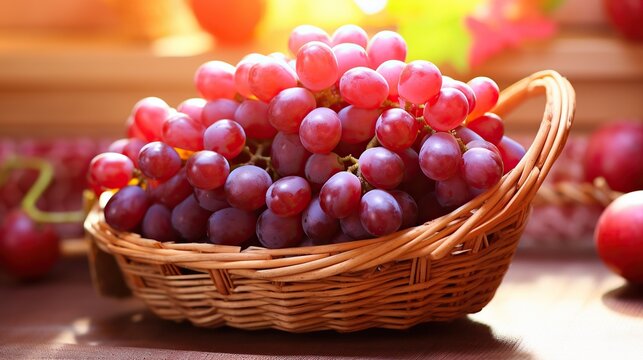 summer red grapes, red grape branches in basket on wooden table close up