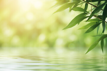 Green bamboo leaves over sunny water surface background banner