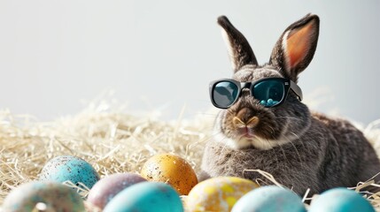 Fototapeta na wymiar Easter Bunny with Sunglasses and Colored Eggs