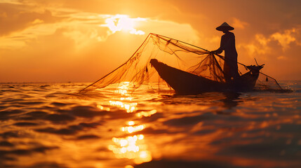 A fisherman in silhouette is captured mid-motion casting a fishing net from a small boat.