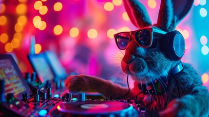 Funny and Crazy Anthropomorphic Bunny as a DJ on a Rave