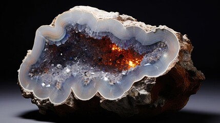 Obraz premium A plain, grey rock, gradually transforming into a sparkling geode filled with vibrant, shimmering crystals, symbolizing how love can bring out the hidden beauty within us.