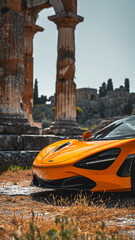 A sunfire orange supercar parked beside ancient ruins, contrasting modernity with history