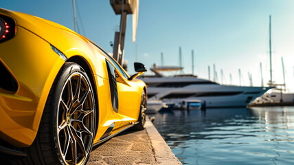 A sunburst yellow supercar parked at a luxury marina, with yachts and clear blue sky in the...
