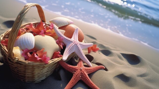 A heartshaped arrangement of colorful starfish adorns a beach picnic setup, adding a touch of natural elegance to a romantic outing by the sea.