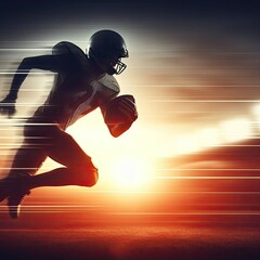 American football player running fast with ball, blurred background. - obrazy, fototapety, plakaty