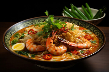 Penang Asam Laksa soup with shrimp in bowl.