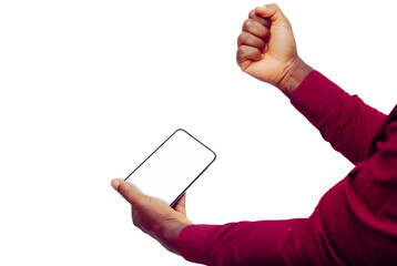 black hands in red wine long sleeves shirt holding phone and making a fist on transparent background, great app, yes, good phone, right, successful, complete, mockup, mask,