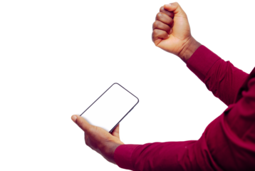 black hands in red wine long sleeves shirt holding phone and making a fist on transparent background, great app, yes, good phone, right, successful, complete, mockup, mask,