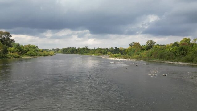 Aerial View of over Grand River in Brantford + Downtown View (Ontario, Canada)