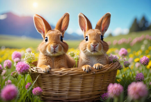 Illustration of happy, smiling little Easter bunnies in a wicker basket amidst a wildflower field. Ideal for a joyful and spring-themed Easter campaign