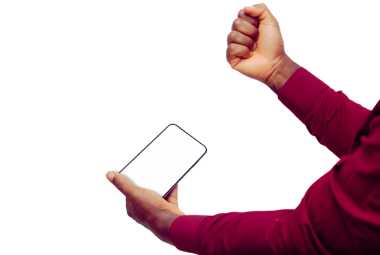black hands in red wine long sleeves shirt holding phone and making a fist on transparent background, great app, yes, good phone, right, successful, complete, mockup, mask,