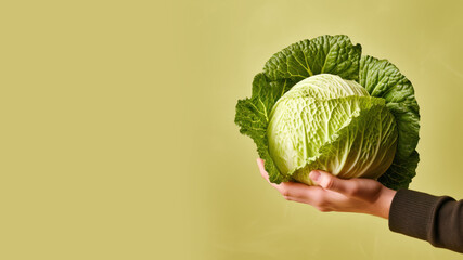Hand holding cabbage vegetable isolated on pastel background