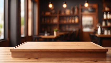 wooden podium  for product presentation on blurred coffee cafe background