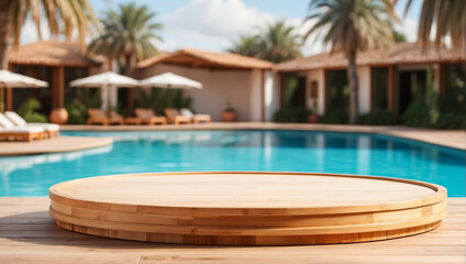 Obraz premium wooden podium for product presentation on blurred swimming pool background