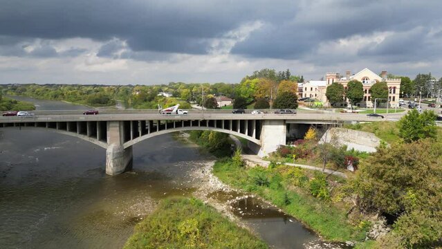 Aerial View of Bridges over Grand River in Brantford + Downtown View (Ontario, Canada)