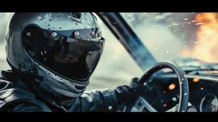 A fearless stunt performer, with their face covered by a helmet and visor, performs a dangerous car crash for a thrilling scene on a movie set.