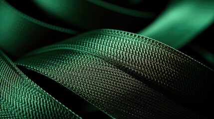 A closeup of a grosgrain ribbon in a rich shade of emerald green, showcasing its ribbed texture and shining like a luxurious present.