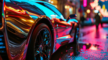A supercar with a chrome finish reflecting the vibrant colors of a street festival