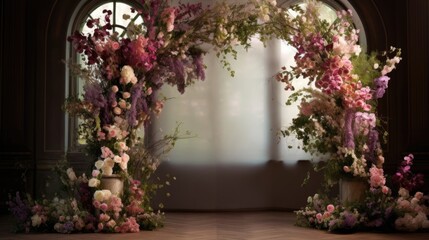 A whimsical arch of various types of blossoms and greenery creates a dreamy setting, with a central podium adorned with a garland of the same delicate flowers.