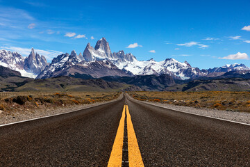 Road to El Chalten with beautiful Andes mountain panorama with Fitz Roy in the center, Patagonia Argentina