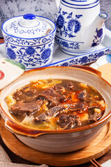 The delicious braised mutton hot pot.   