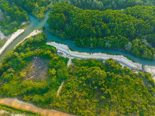 Fototapeta na wymiar Aerial view morning sunrise mangrove tropical rain forest sea bay ecology system