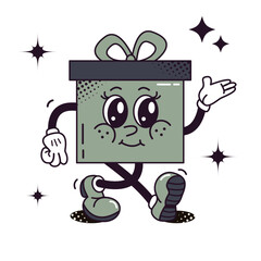 Groovy gift character. Vintage giftbox mascot. Vector illustration in trendy retro cartoon style