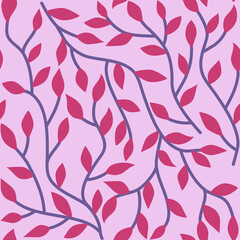 Leafy branches seamless pattern. Purple and pink thin brunches hand drawn on soft pink background. Elegant botanical foliage feminine pattern