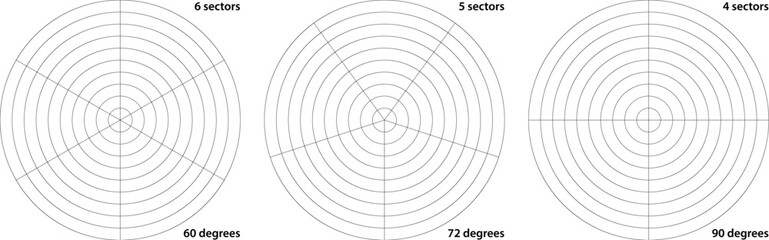 Polar grid divided into radial degree 4, 5 and 6 sectors and concentric circles. Circular guideline system for geometric design template. Coordinate chart screen - obrazy, fototapety, plakaty