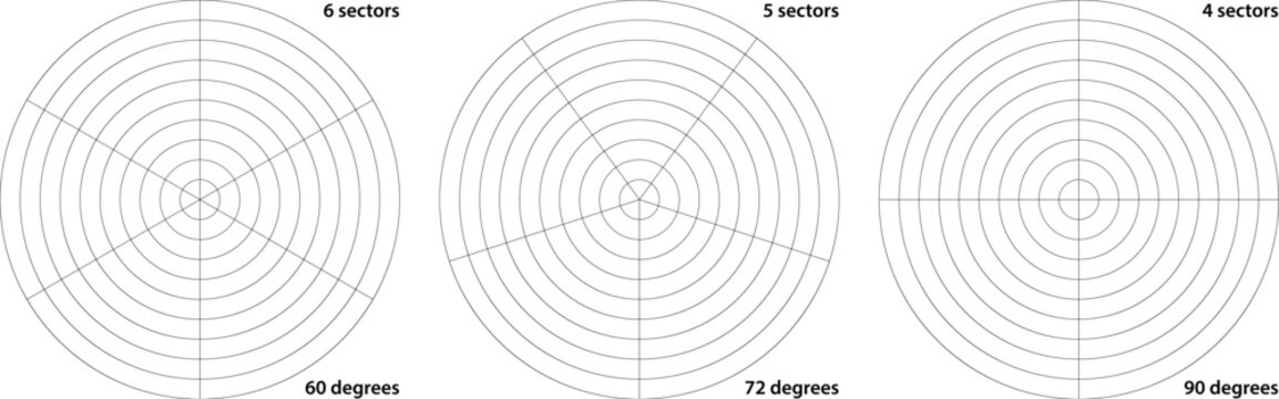 Polar grid divided into radial degree 4, 5 and 6 sectors and concentric circles. Circular guideline system for geometric design template. Coordinate chart screen