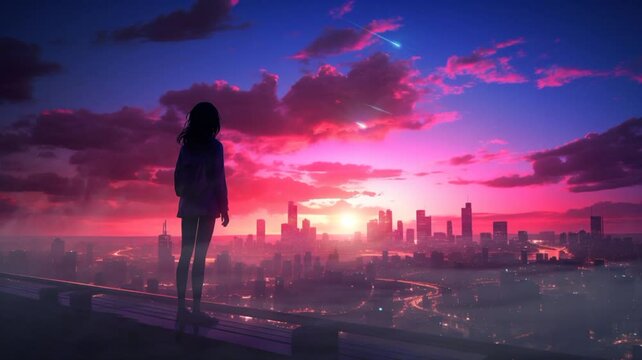 Silhouette Of A Woman On Top Of A Building In The Afternoon With An Anime Theme. Seamless Looping Time-lapse Virtual Video Animation Background.