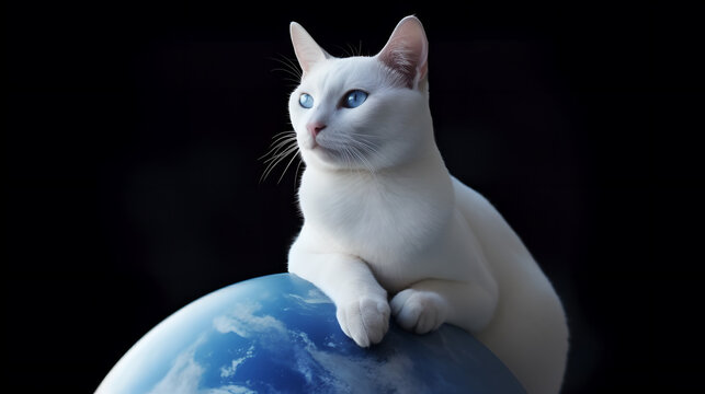 A white cat lays on top of the world