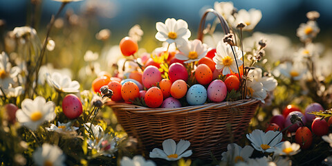 Bunte Ostereier in einem Nest auf einem Hintergrund von Frühlingsblumen. Colorful Easter eggs in a nest on a background of spring flowers.