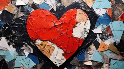 A collage of different textures and patterns, all coming together to form the shape of a heart, representing the idea of a persons heart being made up of different experiences and emotions,