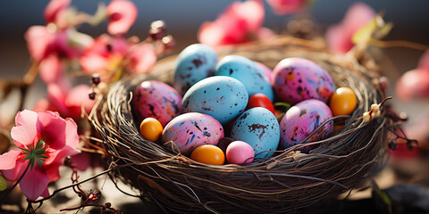 Bunte Ostereier in einem Nest auf einem Hintergrund von Frühlingsblumen. Colorful Easter eggs in a...