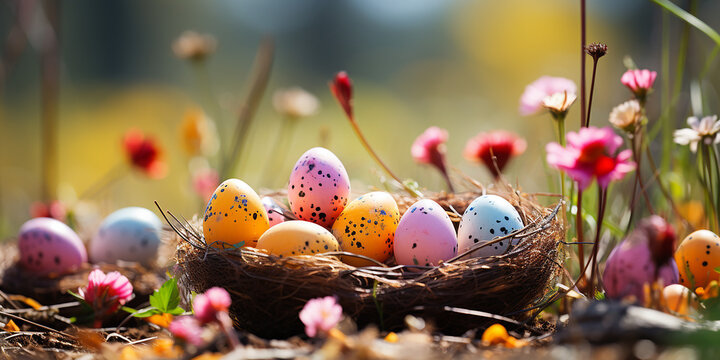 Bunte Ostereier in einem Nest auf einem Hintergrund von Fr&uuml;hlingsblumen. Colorful Easter eggs in a nest on a background of spring flowers.