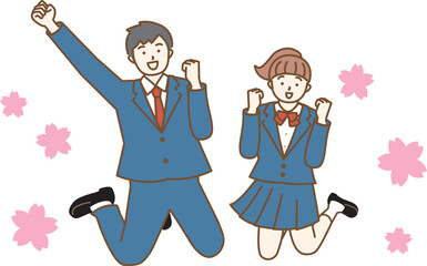 桜背景　男女の学生がガッツポーズしながらジャンプしているイラスト　